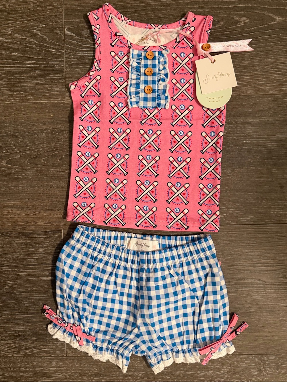 SweetHoney Pink Baseball Print Tank with Blue Gingham Ruffle Shorts